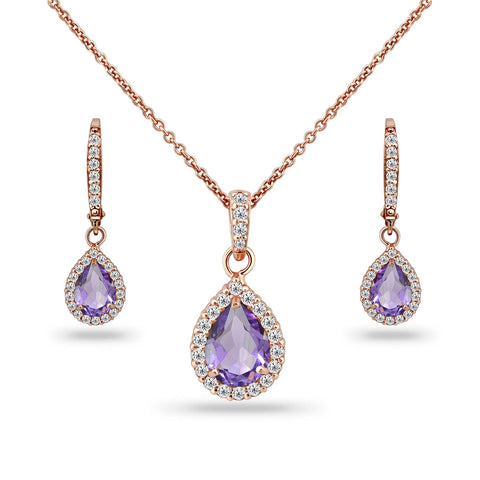 B. BRILLIANT Sterling Silver Genuine, Simulated Gemstone Halo Dainty Pear Teardrop Necklace & Earrings Jewelry Set for Women with Gift Box, Metal, Amethyst