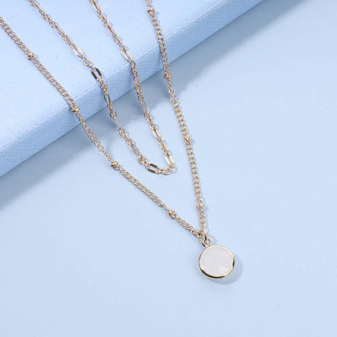 Yheakne Boho Layered Opal Moonstone Necklace Choker Gold Round Opalite Necklace Clear Quartz Necklace Faceted Crystal Pendant Necklace Chain Jewelry for Women and Girls
