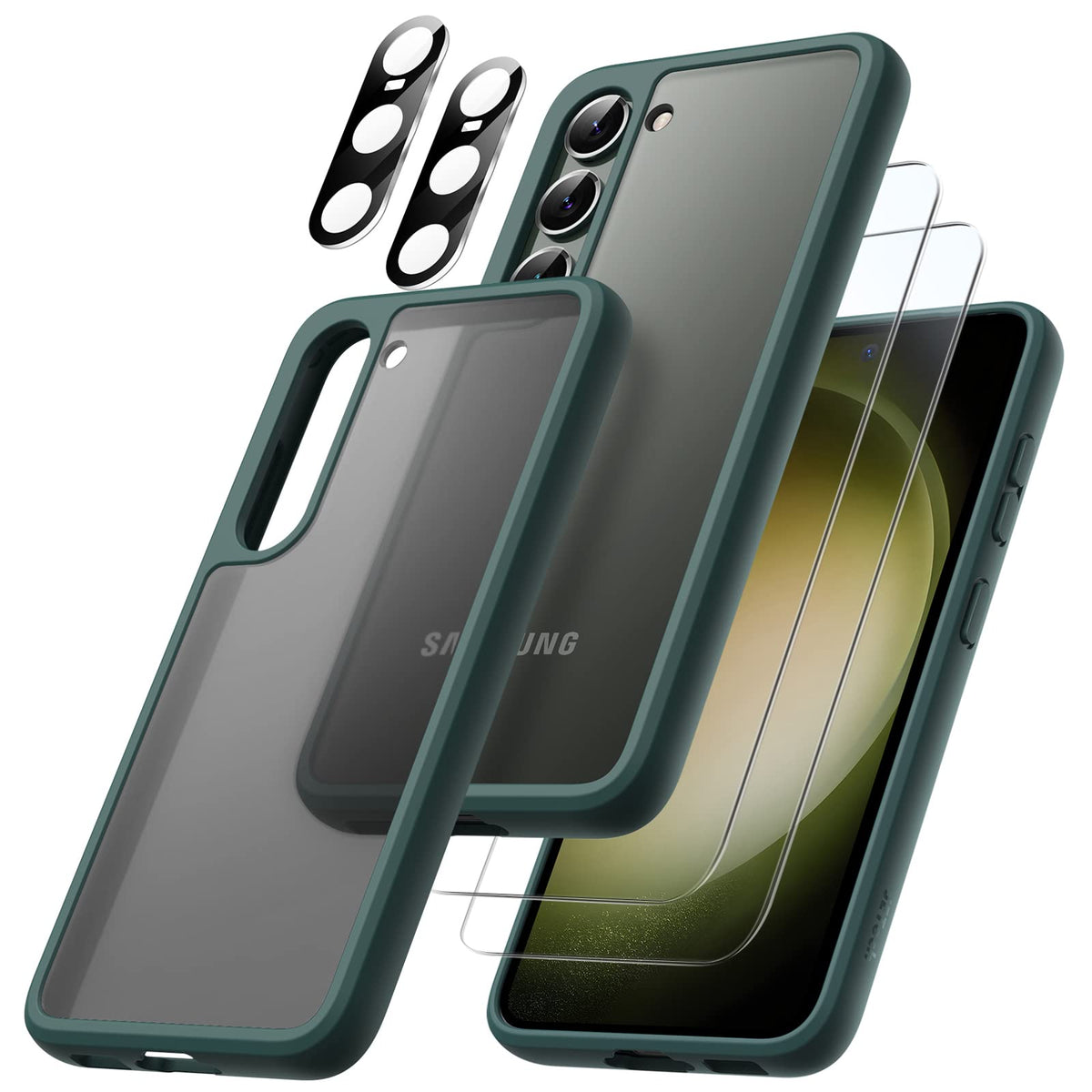 JETech 5 in 1 Matte Case for Samsung Galaxy S23+ Plus 6.6-Inch with 2 Screen Protector and 2 Camera Lens Protector, Translucent Back Protective Phone Cover, Tempered Glass Film (Midnight Green)