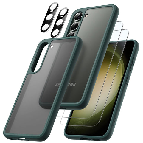 JETech 5 in 1 Matte Case for Samsung Galaxy S23+ Plus 6.6-Inch with 2 Screen Protector and 2 Camera Lens Protector, Translucent Back Protective Phone Cover, Tempered Glass Film (Midnight Green)