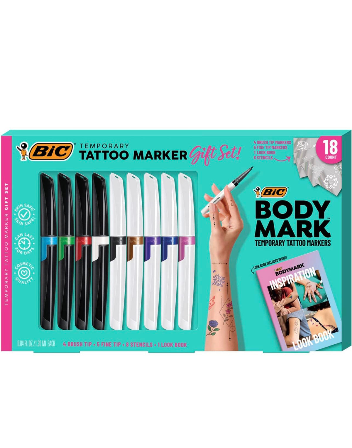 BIC BodyMark Temporary Tattoo Kit: 9 Markers, 5 Stencil Sheets, Inspiration Book