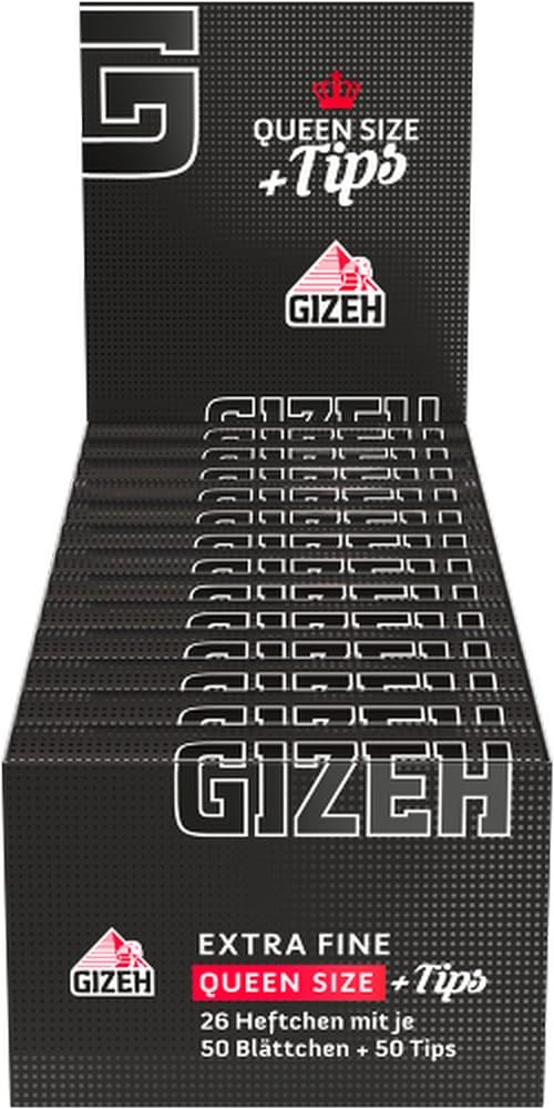 Gizeh Black Queen Size 1/14 + Tips 26 Booklets with 50 Sheets + 50 Tips Cigarette Paper, Pulp, Black, 12 x 6 x 4 cm