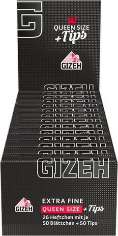 Gizeh Black Queen Size 1/14 + Tips 26 Booklets with 50 Sheets + 50 Tips Cigarette Paper, Pulp, Black, 12 x 6 x 4 cm