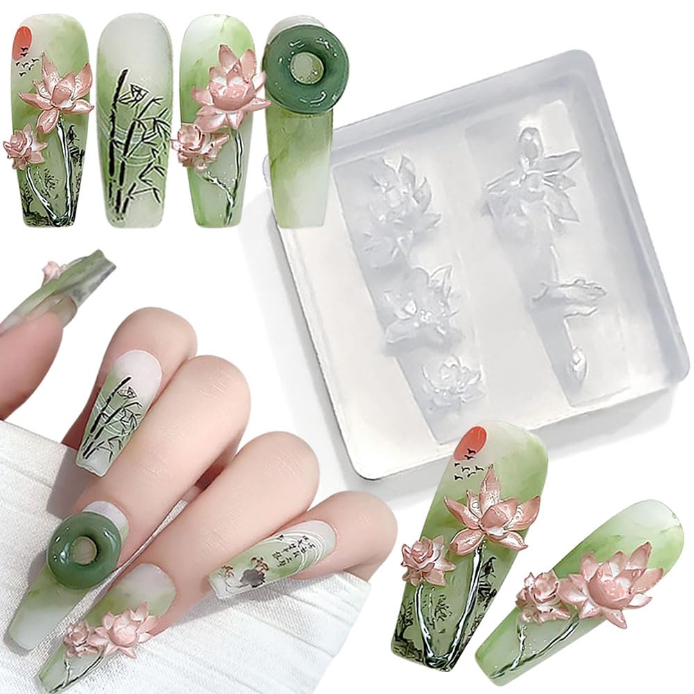 3D Lotus Flower Nail Design Silicone Mould Epoxy Resin Shapes Lotus Flower Carving Nail Stamp Silicone Mould Flowers Floral Lotus Leaf Nail Decoration Nail Design Nail Art Mould Silicone Moulds Nail
