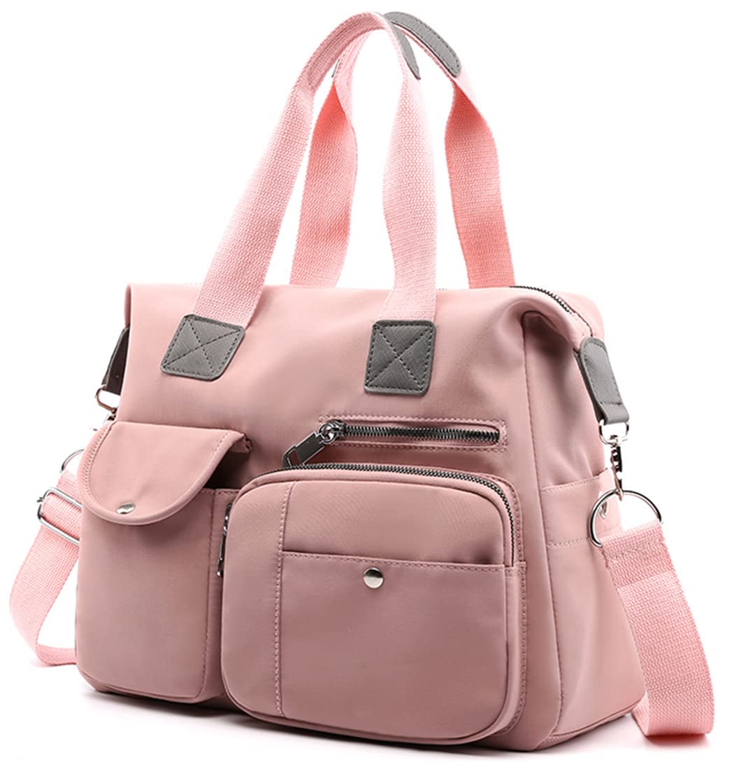SHIFANQI Tote Bags for Women Stylish Nylon Ladies Shoulder Bag Top Handle Handbag Multi Pockets Work Totes Water Resistant Travel Crossbody Messenger Bag (Pink)