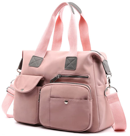SHIFANQI Tote Bags for Women Stylish Nylon Ladies Shoulder Bag Top Handle Handbag Multi Pockets Work Totes Water Resistant Travel Crossbody Messenger Bag (Pink)