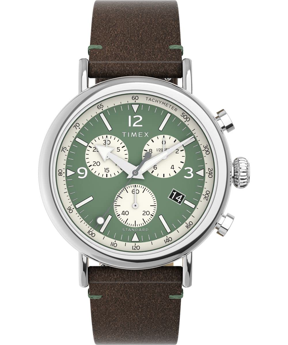 Timex Men's Waterbury Chronograph 41 mm Watch - Brown Leather Two-Piece Quick Release Strap Green Dial Silver-Tone Case TW2V71000