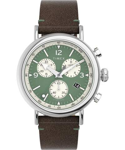 Timex Men's Waterbury Chronograph 41 mm Watch - Brown Leather Two-Piece Quick Release Strap Green Dial Silver-Tone Case TW2V71000