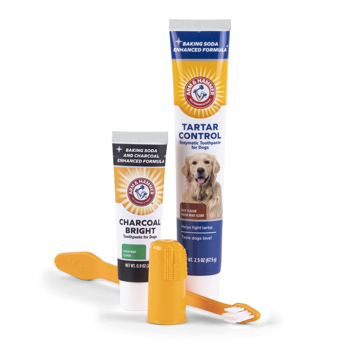 Arm & Hammer Tartar Control Dental Kit for Dogs, with Bonus Charcoal Bright 0.84oz Sample Tube - Dog Toothbrush Dental Kit from 4 Piece Dog Toothbrush Kit, 2.5 Ounce