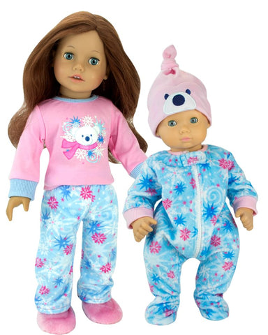 Sophia's - 18" Doll - Fleece Print Pj's, Polar Bear T & Fuzzy Slippers Pajama Set - Pink/Blue