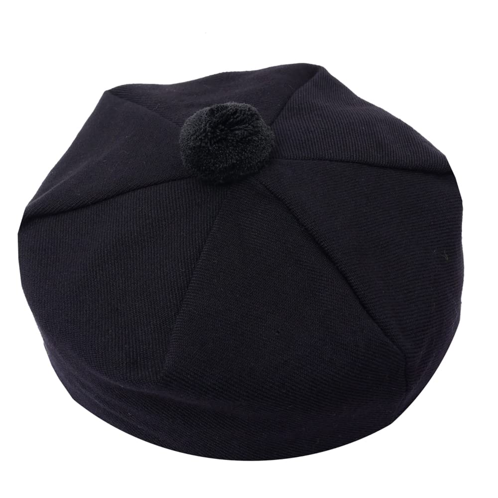 Scottish Traditional Tam o Shatner Acrylic Wool Tammy Hat Pom Pom One Size Various Tartans Beret Balmoral Flat Kilt Bonnet (Plain Black)