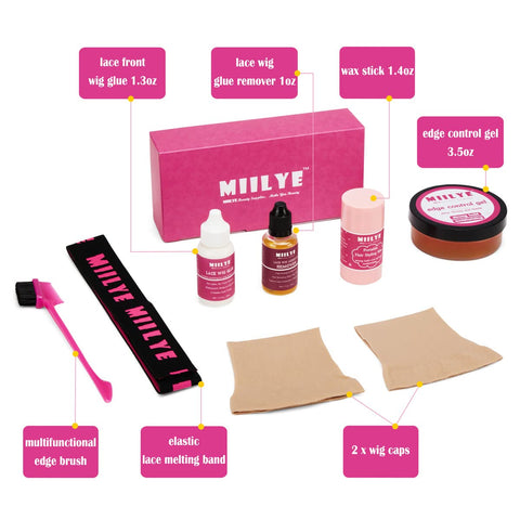 MIILYE Lace Wig Glue and Hair Styling Wax Gel Combo Pack - Invisible Wig Glue for Front Lace Wig, Wig Glue Remover, Wig Melting Band, Wig Cap, Hair Wax Stick, Edge Control Gel and Edge Brush