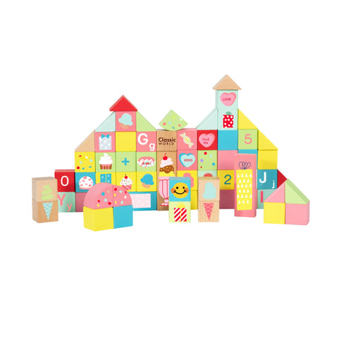 Classic World - 68 Piece Sweet Cube Wooden Building Blocks Set, Educational Toys for Kids, Sorting and Stacking Blocks for Kids 18 Months +