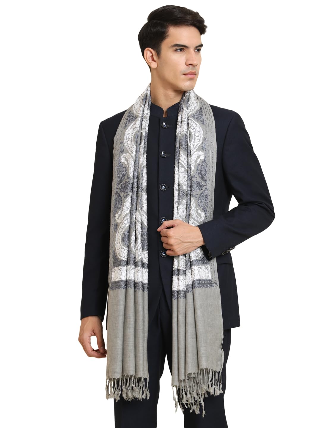 Zamour Embroidered Scarf Stole for Men, Nalki Silky Embroidery Patterns, Fine Woollen Material, Ethnic Look Shawl (Grey)