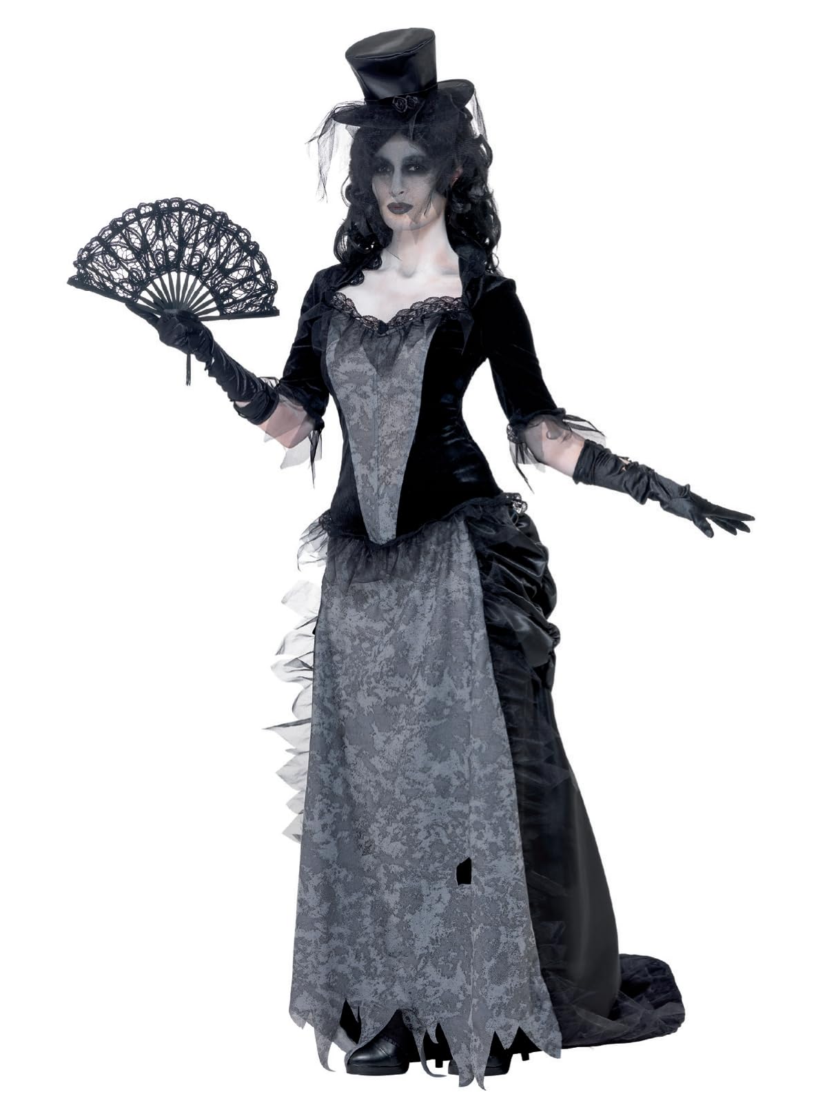 Smiffys Ghost Town Black Widow Costume, Grey with Top, Skirt, Hat, Halloween Adult Fancy Dress, Adult Dress Up Costumes
