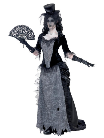 Smiffys Ghost Town Black Widow Costume, Grey with Top, Skirt, Hat, Halloween Adult Fancy Dress, Adult Dress Up Costumes