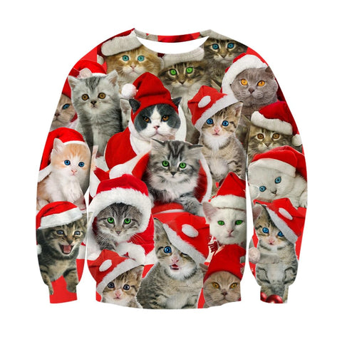 Loveternal Christmas Sweatshirt for Teen Boy Girl Funny 3D Santa Xmas Cat Printed T-shirt Sweatshirt Jumper Unisex Clothes Gift Idea S