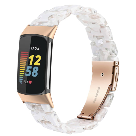 Wongeto Resin Band for Fitbit Charge 5, White Flower Design, Lightweight & Water Resistant, 18mm