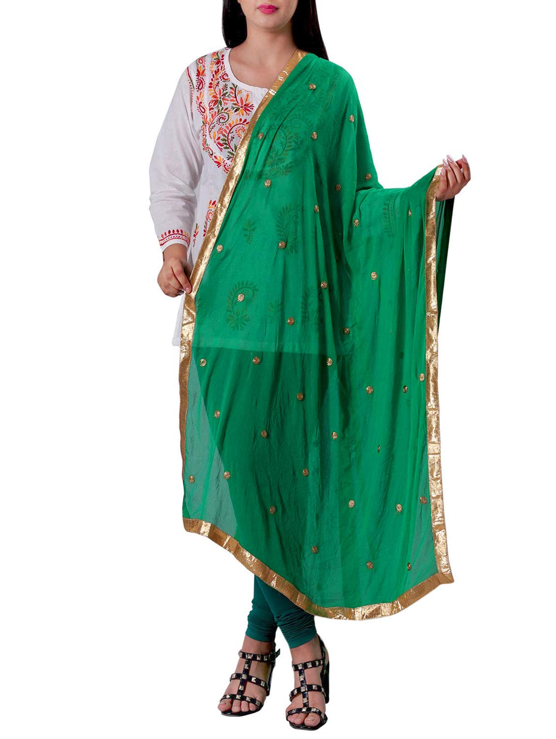 themilestocks Woman's Embroidered Chiffon Dupatta Scarf Shawl Wrap Soft Indian Bridal Wedding (Jade Green)