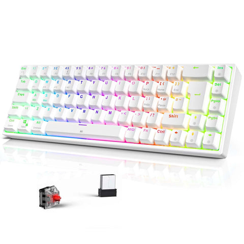 TECURS Gaming Keyboard Wireless Mechanical Keyboard RGB UK Layout TKL 65% Rollover Anti-ghosting Bluetooth / 2.4G Keyboard Red Switch for PC Gamer/iPad/ PS4/Android, White