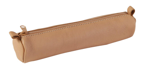 Clairefontaine - Ref 8303C - Cuir Smooth Leather Small Round Pencil Case - 18cm x 3.5cm, Made From Genuine Lambskin Leather, Metal Zip With Leather Puller - Natural
