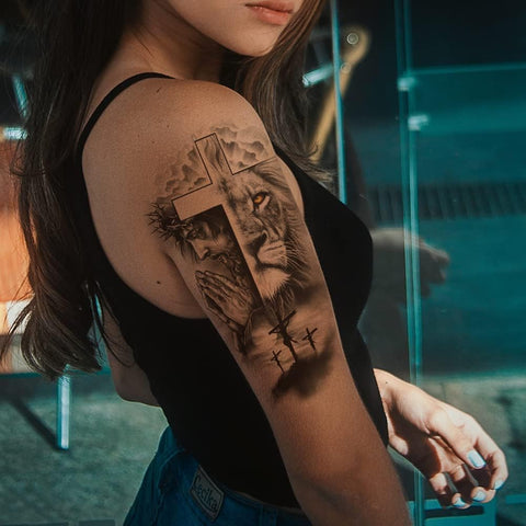 Generic 2 Sheets Large Half Arm Sleeve Temporary Tattoos For Men Women Waterproof Fake Forest Lion Jesus Cross Old School Halloween Fake Tattoo Stickers Adults Black Realistic Animals Tattoo