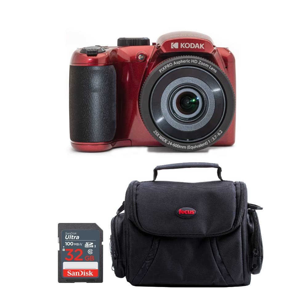 Kodak PIXPRO AZ255 Astro Zoom 16MP Digital Camera (Red) Bundle with 32GB SDHC UHS-I Memory Card, and SLR Soft Photo and Video Medium Case (3 Items)
