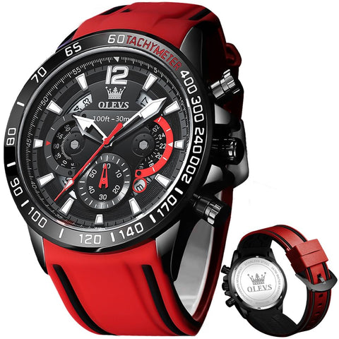 OLEVS Black Watch for Men,Red Silicone Strap Men Watches, Pro Diver Stainless Steel Multi-Function Watch,Water Resistant Luminous Quartz Wrist Watch,Business Classic Gifts Watch for Male