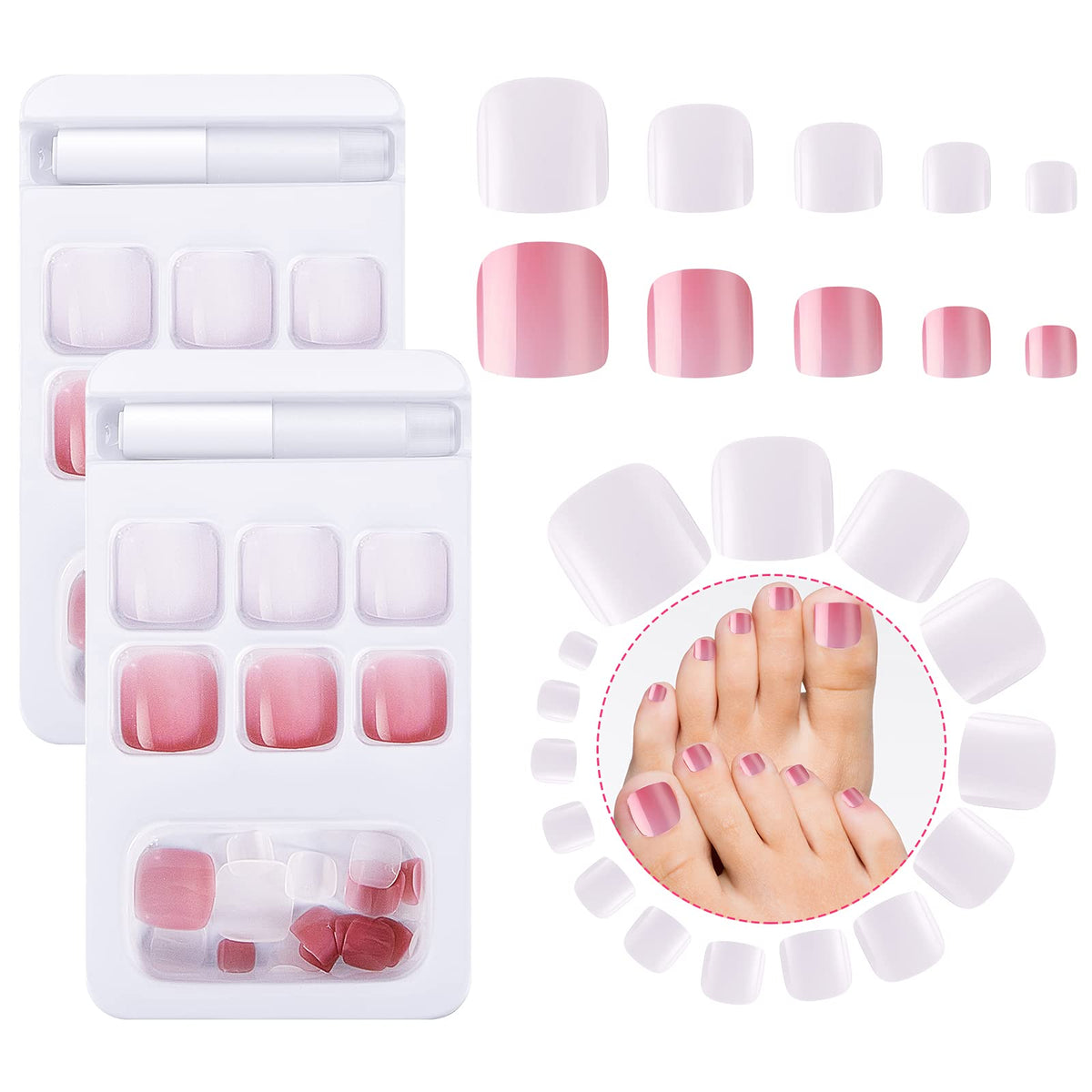 48 Pieces False Toe Nails Square Short Fake Toenails Acrylic Full Cover Short Toenails Press on Artificial Toe Nail with 2 Pieces Nail Glue for Women Nail(Pink, White)