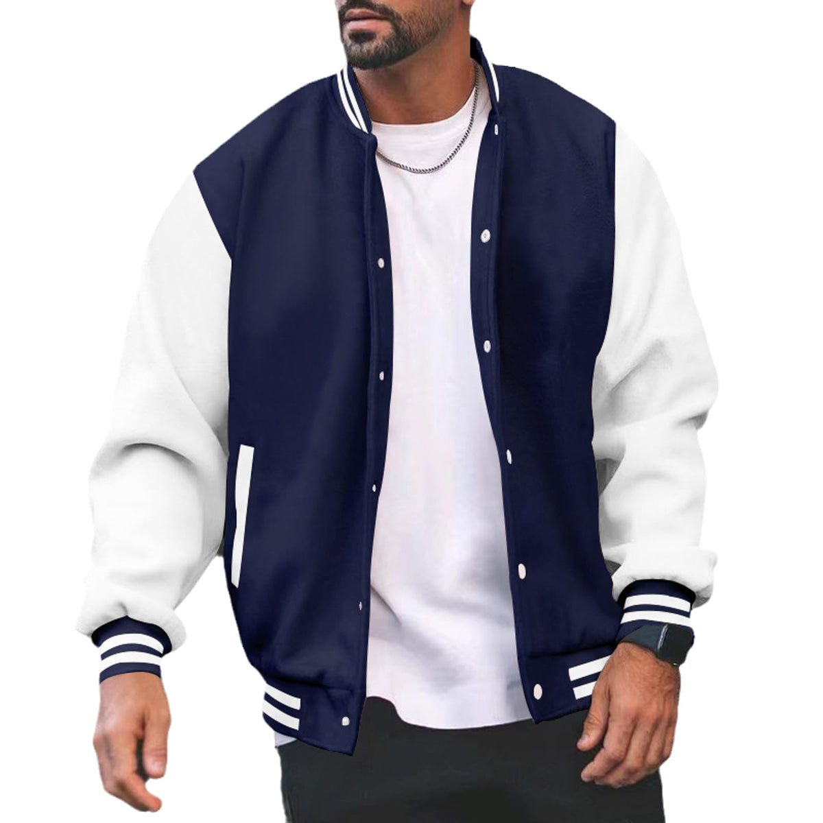 NAKEAH Men's Trendy Baseball Uniform Autumn Winter Causal Loose Color Block SingleBreasted Baseball Uniform Jacket navy blue M