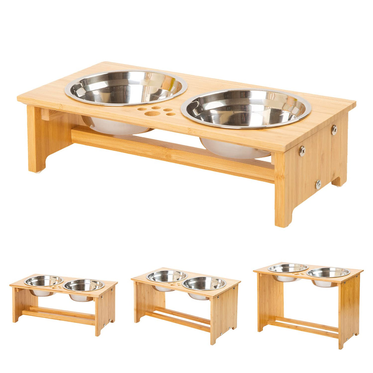 FOREYY Raised Dog Bowls for Cats and Dogs - Bamboo Elevated Dog Cat Food and Water Bowls Stands Feeder Dishes with 2 Stainless Steel Bowls and Anti Slip Feet (Small - 10 cm high)