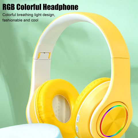 ciciglow Cat Ear PC Gaming Headset, Noise Reduction Wireless Gaming Headphone Glowing LED Light Deep Bass Foldable Headband Headphones with Soft Earmuffs (Yellow)