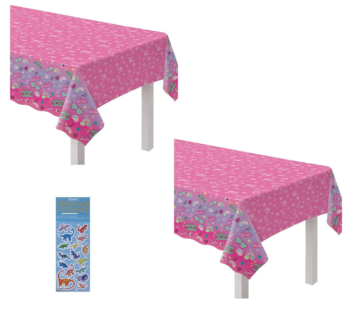 Amscan Barbie Pink Party Supplies Decoration Bundle Includes 2 Plastic Table Covers and 1 Dinosaur Sticker Sheet