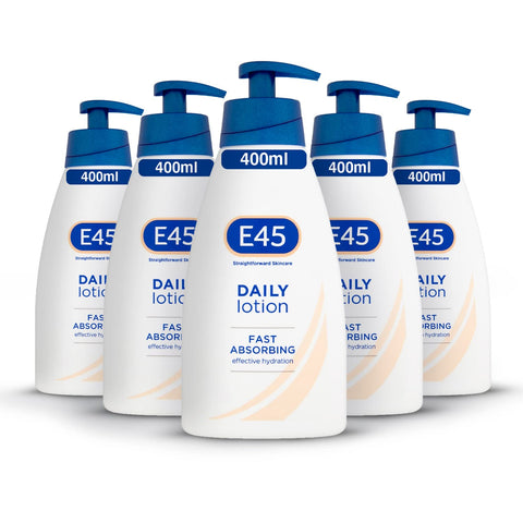 E45 Daily Skin Lotion 400 ml x5 Pack - E45 Lotion for Very Dry Skin - Sooth Dryness Smooth Rough Skin - Non-Greasy Lightweight Moisturiser - Perfume-Free Body Face Hand Cream - Dermatologically Tested