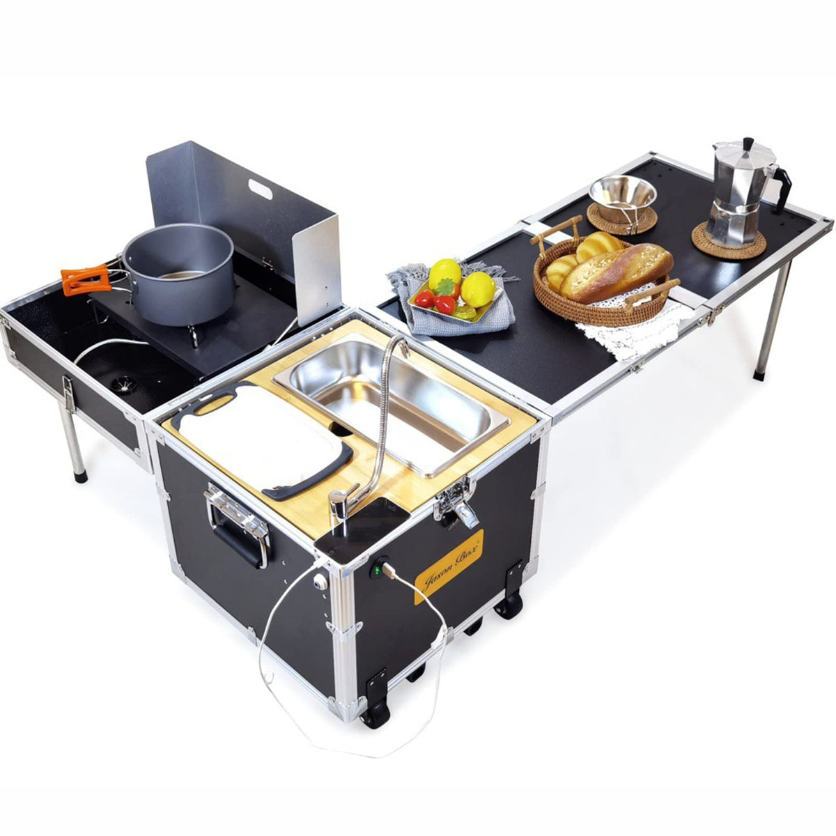 FUNNYBSG Camping Kitchen Station Folding Table|Aluminum Portable Outdoor Cooking Station|With Windscreen, Sink, Folding Side Table, Storage Organizer|For BBQ Party And Outdoor Activities