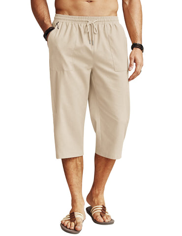 COOFANDY Men's Linen Capris Pants Below Knee Regular Fit 3/4 Pants Casual Drawstring Lightweight Beach Yoga Pants with Pockets Beige