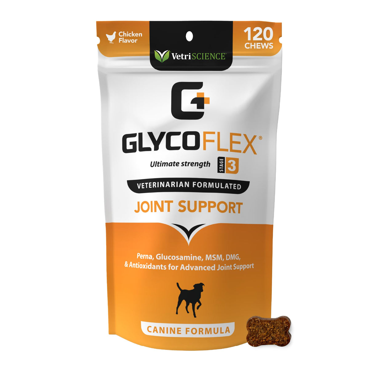 VetriScience Glycoflex 3 Hip and Joint Supplement for Dogs - Maximum Strength Dog Supplement with Glucosamine, MSM, Green Lipped Mussel & DMG - 120 Chews, Chicken Flavor