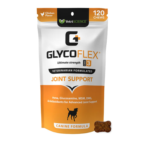 VetriScience Glycoflex 3 Hip and Joint Supplement for Dogs - Maximum Strength Dog Supplement with Glucosamine, MSM, Green Lipped Mussel & DMG - 120 Chews, Chicken Flavor