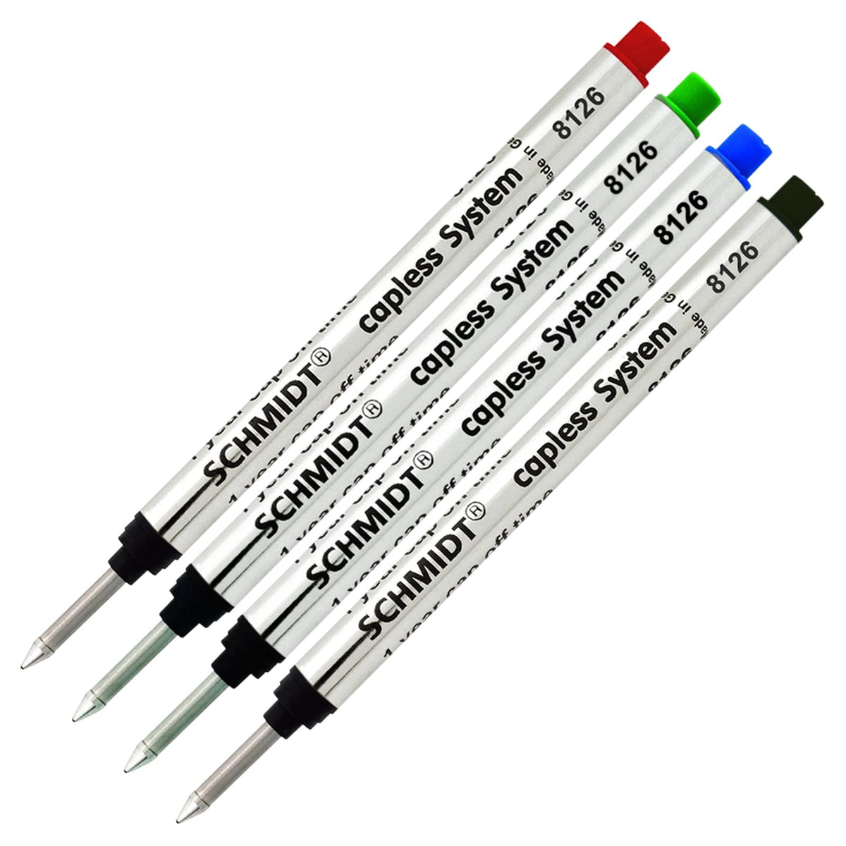 Schmidt 8126 Long Capless System Rollerball Refill, Green, Red, Black, Blue, Fine Tip (0.6mm) - Pack of 4
