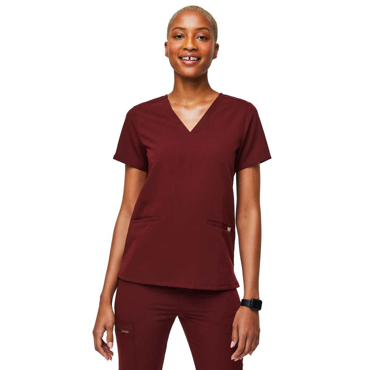 FIGS Casma Three-Pocket Scrub Top for Women - Burgundy, XXS