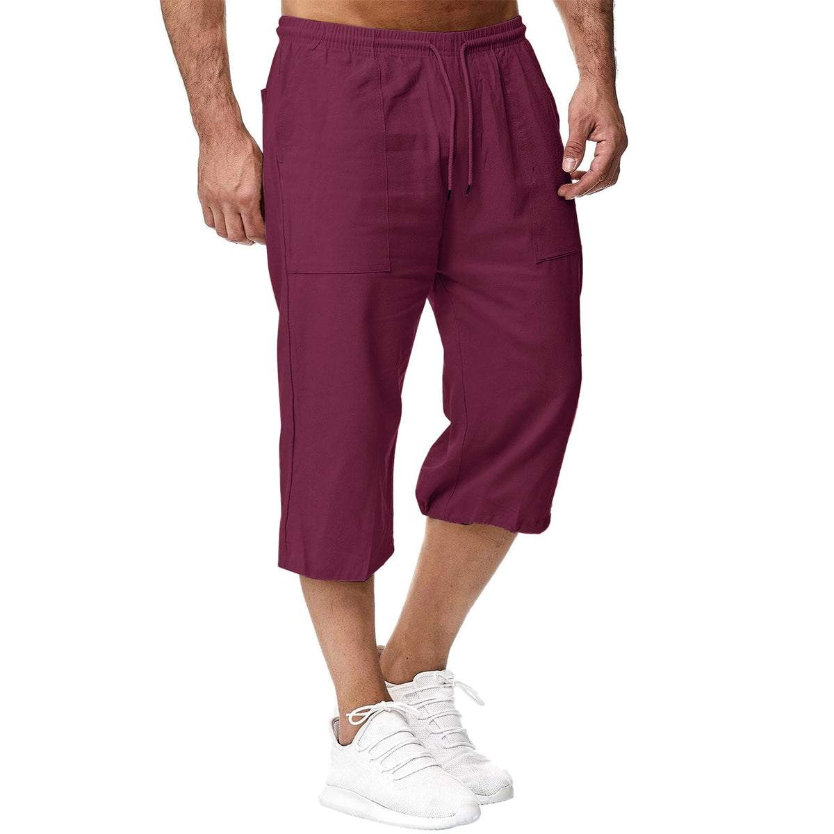 Sprifloral Mens Linen Shorts 3/4 Length Pants Summer Trousers Beach Yoga Joggers Casual Sweatpants Red M