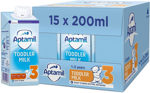 Aptamil 3 Toddler Baby Milk Ready to Use Liquid Formula, 1-3 Years, 200ml (Pack of 15),package may vary