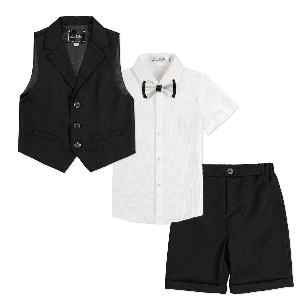 LOLANTA 4-Piece Kids Waistcoat Suit, Boys Wedding Party Shorts Set, Page Boy Outfit, Shirt, Bow Tie, Shorts, Waistcoat, Black, 11-12 Years, 170