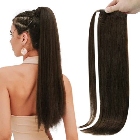 Full Shine Human Hair Extensions Ponytail Natural Short Wrap Around Ponytail Darkest Brown Hair Ponytail Hair Piece Remy Human Hair 70 Grams 12 Inch