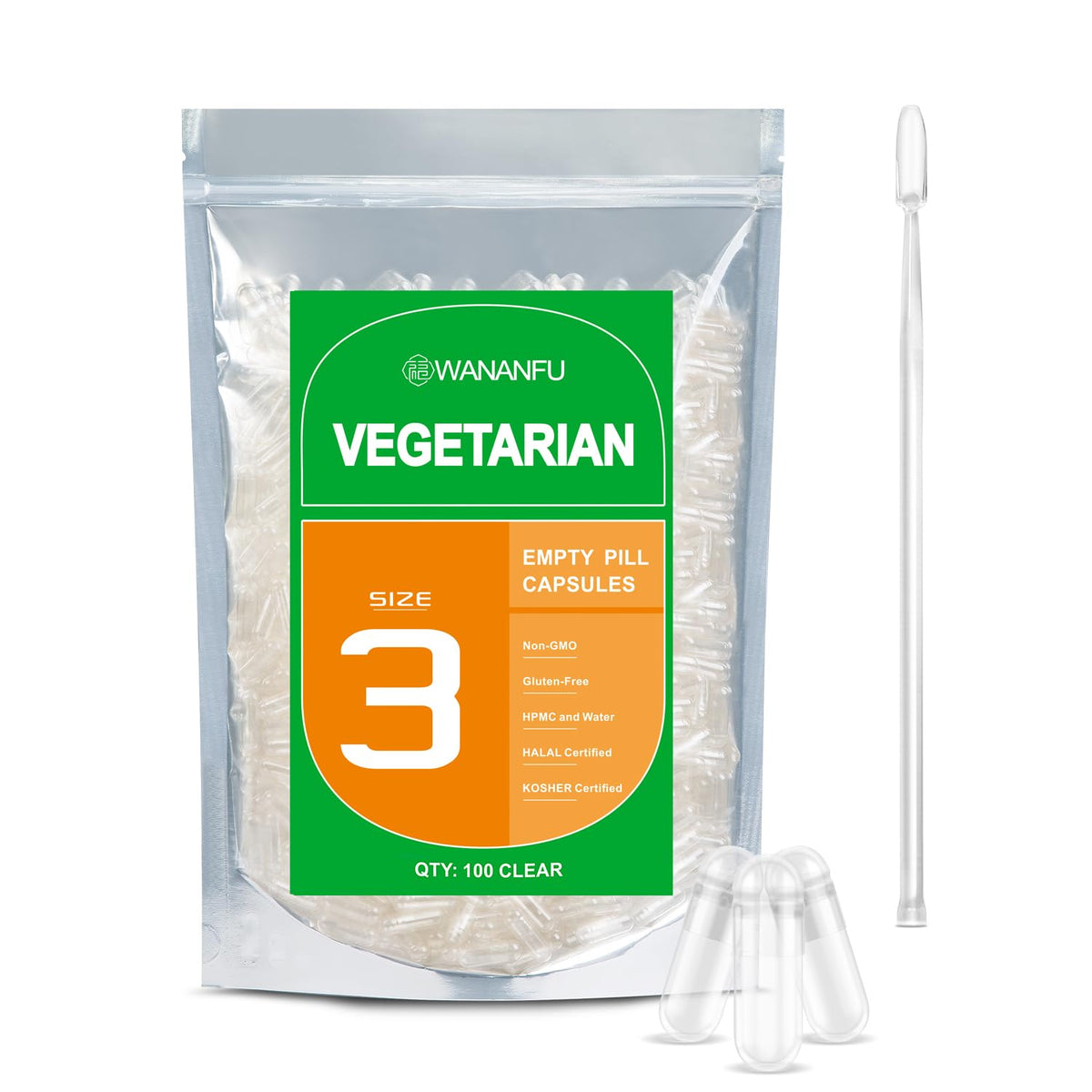 WANANFU Size 3 Empty Capsules Vegetarian (100 Count) Bundle with 2 Micro Lab Spoons, Compatible with Capsule Filling Machine Size 3