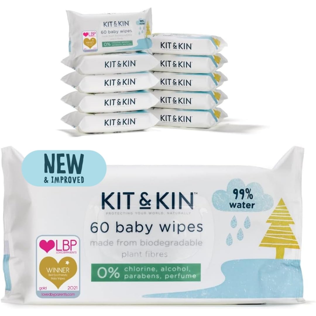 Kit & Kin Premium Eco Baby Wet Wipes, 600 Wipes (10 Packs) | Plastic-Free & Super Soft | 99% Water | Biodegradable | Hypoallergenic & Dermatologist Approved | Fragrance-Free | New & Improved Formula
