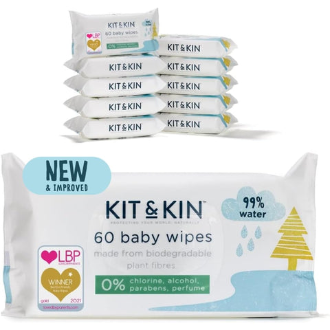 Kit & Kin Premium Eco Baby Wet Wipes, 600 Wipes (10 Packs) | Plastic-Free & Super Soft | 99% Water | Biodegradable | Hypoallergenic & Dermatologist Approved | Fragrance-Free | New & Improved Formula