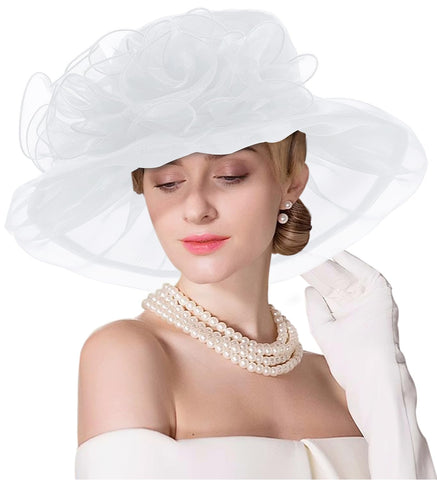 ELLYDOOR Organza Derby Church Hats for Women Bridal Floral Wedding Tea Party Fascinator Hat Wide Brim Sun Hat White