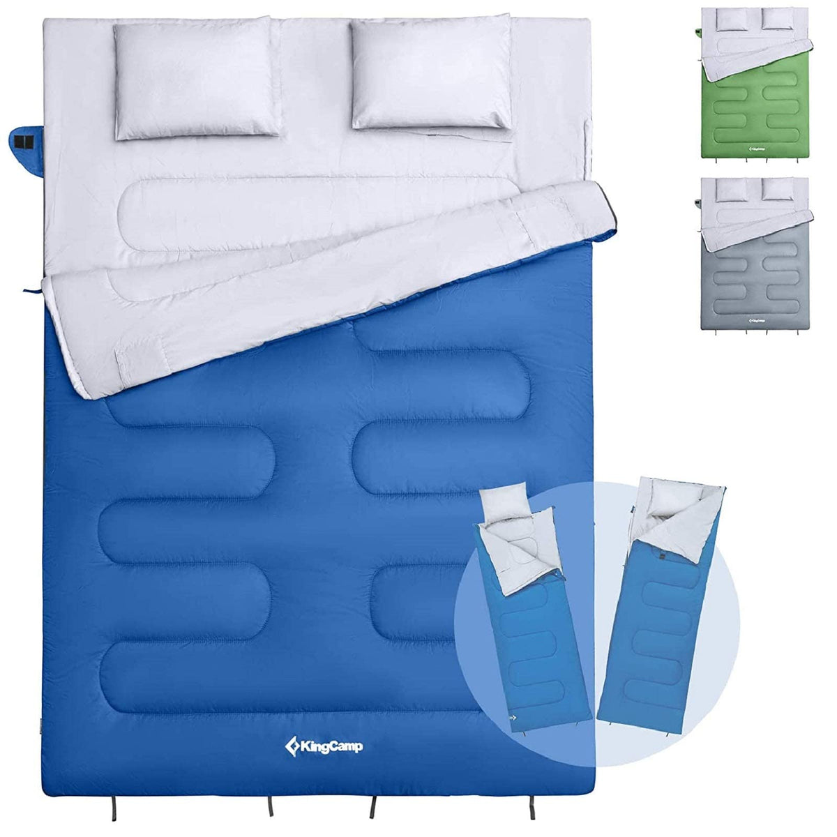 KingCamp Double Sleeping Bag for Adults with 2 Pillows 220 × 150cm King Size & Extra-Large & Wide Waterproof Rectangular Sleeping Bags for Camping Hiking Indoor Outdoor