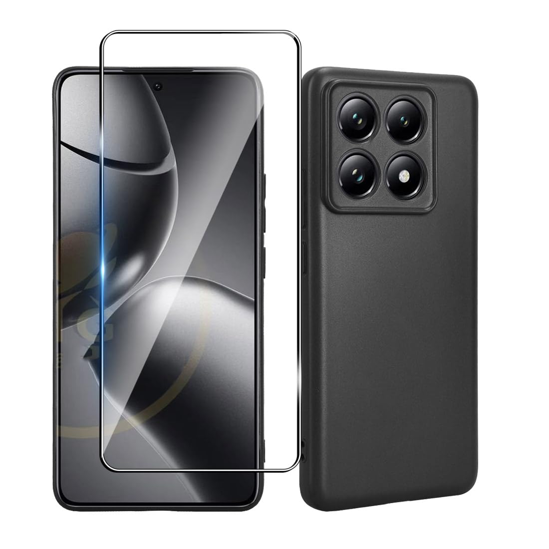 Bihizei Cover Compatible with Xiaomi 14T Pro + 1 Tempered Glass Screen Protection, Soft Liquid Silicone Case, Thin and Shockproof with Anti-Scratch Microfibre Coating, Black